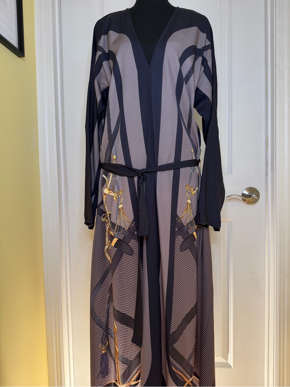 Reiss Evelyn Navy & Taupe Maxi Dress with Gold Chain Motif, size US 10/ UK 14